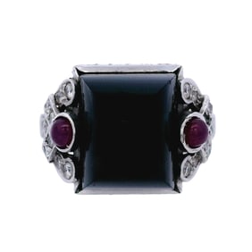 Art Deco revival Platinum Ring with Onyx, Diamonds and Rubies