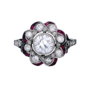 French Antique Platinum Ring with Diamonds & Rubies