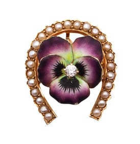 Art Nouveau 1905 Edwardian Enameled Purple Flower Brooch in 14Kt Gold With Pearls