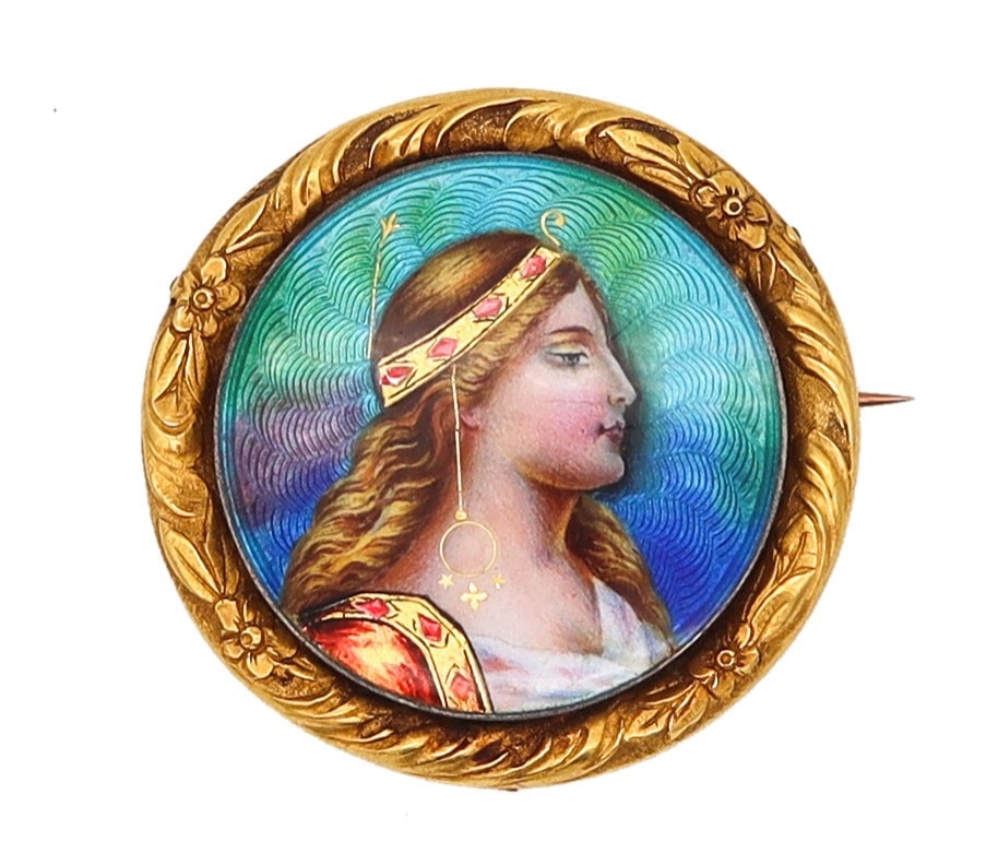 Meyle Mayer Pforzheim 1895 German Art Nouveau Enamel Brooch In 18Kt Gold With Portrait Of Diana (1 of 8)