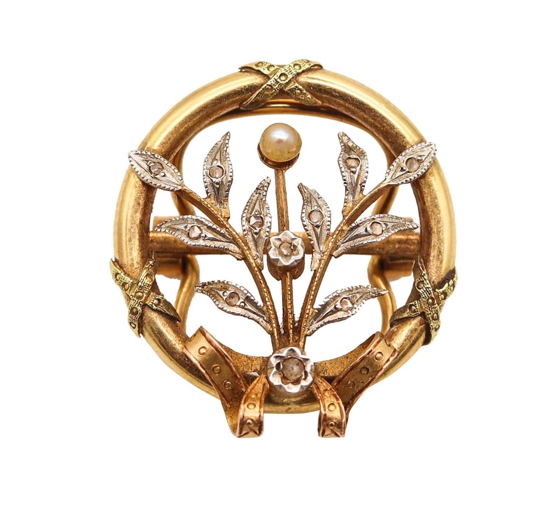 French Edwardian 1910 Art Nouveau Clip Joint In 18Kt Gold With Diamonds And Pearl (1 of 8)