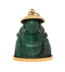 Italian 1960 Mid Century Carved Buddha Pendant In Malachite Mount In 18Kt Yellow Gold