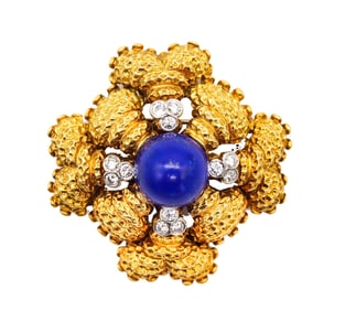 Classic Mid Century 1960 Maltese Pendant Brooch In 18Kt Gold With 21.73 Ctw In Diamonds And Lapis
