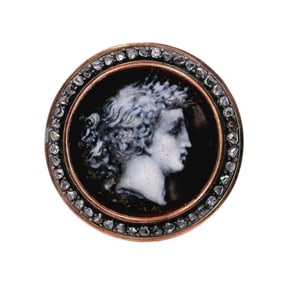 Antique 18kt Rose Gold Grisaille Enamel Portrait Brooch with Diamonds