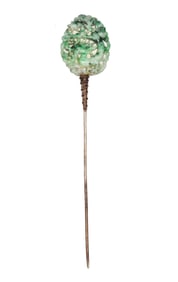 Art Deco 1920 Hat Dress Stick Pin In .800 Silver With Carved Nephrite Green Jade