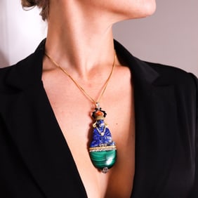 Sasportas 1925 Paris Art Deco Buddha Pendant In 18Kt With Diamonds Lapis And Malachite