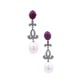 18kt white Gold Drop Earrings with Diamonds, Rubies & Pearls