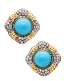 IVAN & CO. Modernist Turquoise Clips Earrings In 18Kt Gold With 3.20 Ctw Diamonds