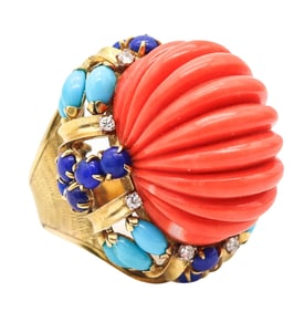 ITALIAN 1960 Cluster Cocktail Ring In 14Kt With Coral Lapis Turquoises & Diamonds