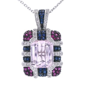 18kt white Gold Pendant Necklace with Kunzite, Diamonds & Sapphires