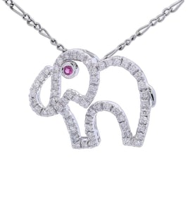 14kt white Gold Elephant Pendant with Diamonds and Ruby