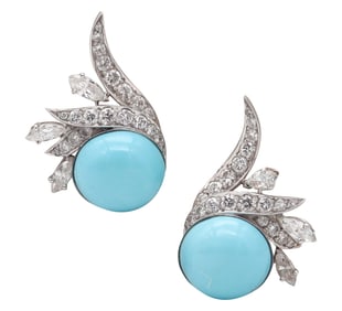 FRENCH 1938 Art-Deco Platinum Clips Earrings With 27.62 Ctw Diamonds & Turquoises