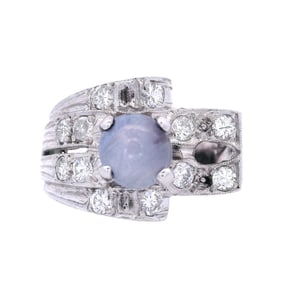 Retro Chevalier 14kt white Gold Ring with Star Sapphire & Diamonds