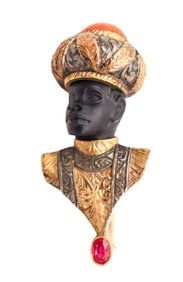 VENETIAN 1940 Carved Ebony Prince Brooch In 18Kt Gold With Coral And Ruby