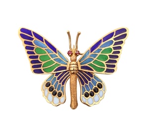 SPANISH Art Nouveau Plique à Jour Enamel Butterfly Brooch In 18Kt Yellow Gold
