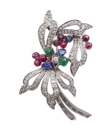TUTTI FRUTTI 1950 Art-Deco Pendant Brooch In Platinum Diamonds & Gemstones