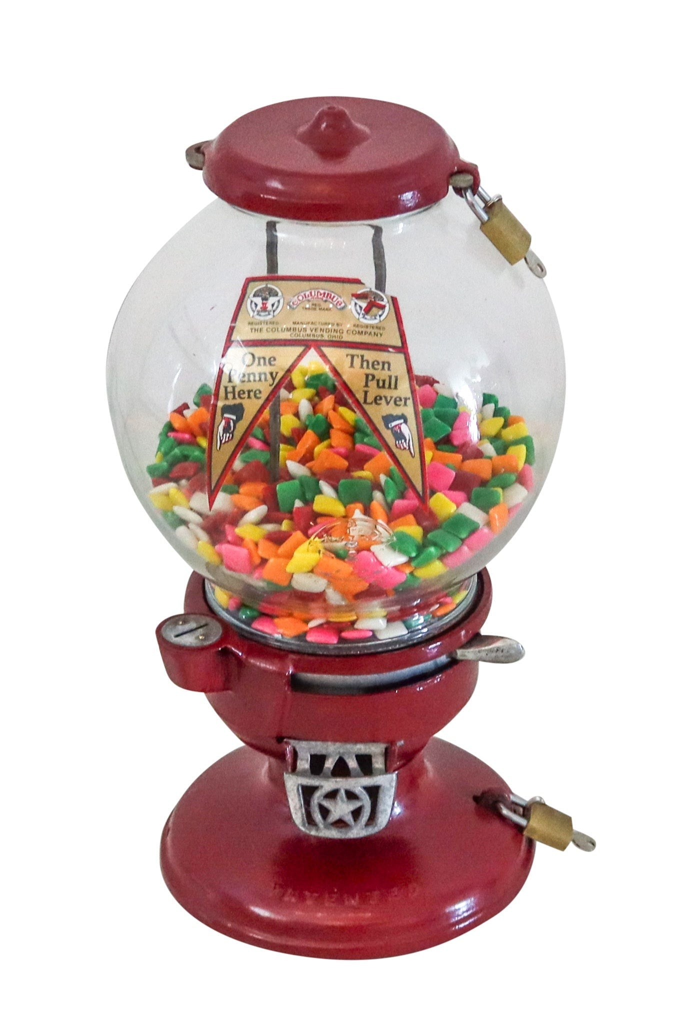 COLUMBUS 1930 Art-Deco Model A Counter Vendor Machine For Gum & Candy: Rare 1935 Columbus Model A gumball machine by Columbus Vending Co., Ohio, crafted in cast iron, chromed steel, aluminum, and glass. Features industrial late Art Deco design with original red and black