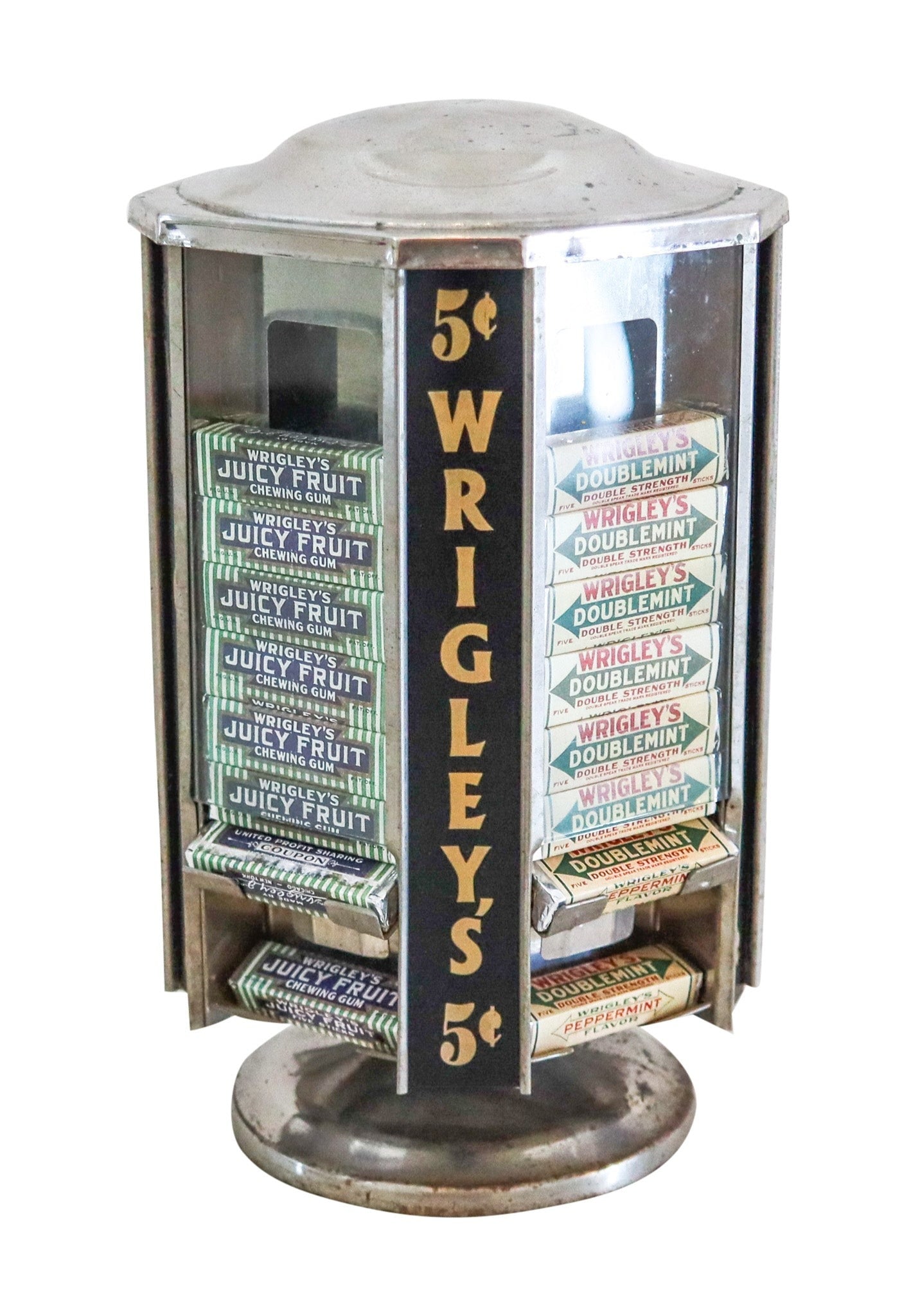WRIGLEY'S 1920 Art Deco Antique Revolving Counter Display For Gum Candy Packs: 1920s Art Deco five-sided revolving counter display by Wrigley’s, Chicago, crafted in chromed steel, lucite, and lacquer. Designed to hold traditional 5-stick packs of Doublemint gum, a classic mint