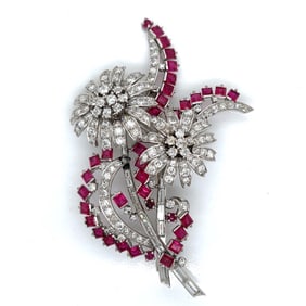 Platinum Diamond & Synthetic Ruby Flower Brooch