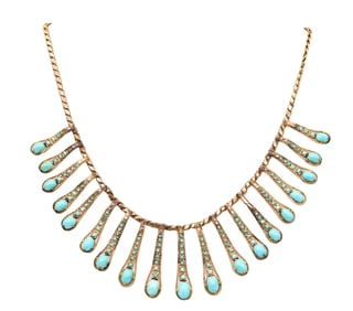 VICTORIAN 1880 Etruscan Revival Festoon Necklace In 14Kt Gold With Turquoises