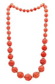 GRADUATED 1930 Art Deco Carved Coral Beads Necklace Mount In 18Kt Yellow gold