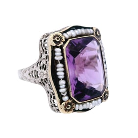 Vintage 14kt two tones Gold Cocktail Ring with Amethyst & Micro Pearls