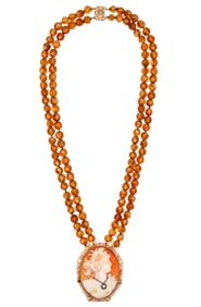 Art Deco 1930 Italy Antique Cameo Necklace In 14Kt Yellow Gold With Carved Citrines