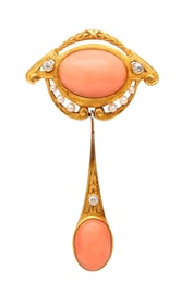 LIBERTY STYLE 1890 England Pendant-brooch In 18Kt Gold, Coral, Pearls & Diamonds