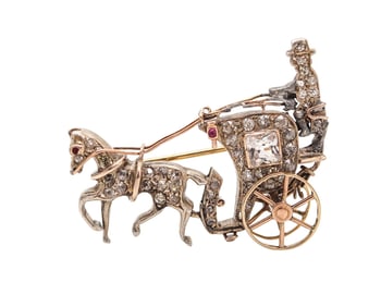 VICTORIAN 1870 European Carriage Brooch 14Kt Gold Silver Diamonds & Rubies