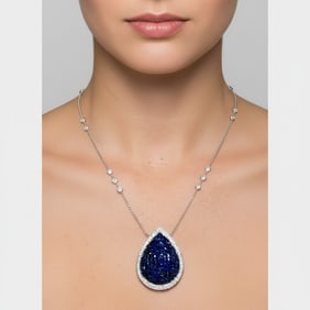 18K White Gold Sapphire & Diamond Pendant with 14K White Gold Diamond Chain