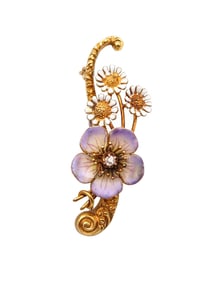 ART NOUVEAU 1900 Edwardian Enameled Flowers Brooch In 18Kt Gold With Diamond