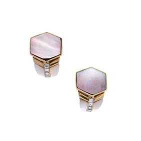 Mid-Century 18kt yellow Gold Geometric Earring with 1.20 Cts in Diamonds & Mother of Pearl