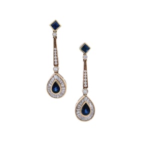 Vintage 18kt yellow Gold Drop Earrings with 5.36 CTW in blue Sapphires and Diamonds