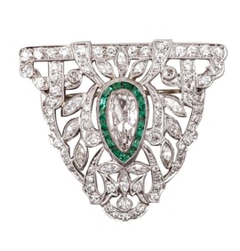 Art Deco 1930 Pendant Brooch In Platinum With 5.01 Ctw In Diamonds And Emeralds GIA CERT