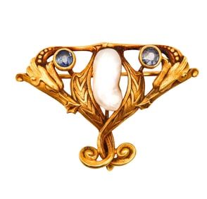 Art Nouveau 1890 Brooch In 14Kt Gold Montana Sapphires And Mississippi Pearl