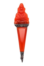 Germany 1920 Art Deco Carved Carnelian Buddha Brooch In Sterling Silver With Marcasite