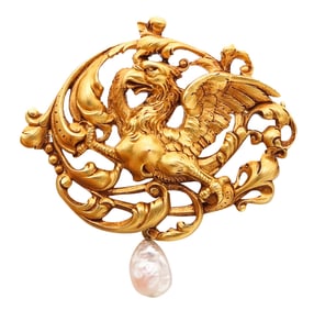 Gaston Lafitte 1890 French Art Nouveau Griffin Brooch In 18Kt Gold With Pearl