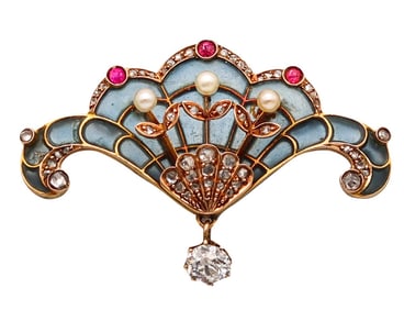 Art Nouveau 1890 Plique à Jour Pendant Brooch In 18Kt Gold Diamonds Pearls & Rubies