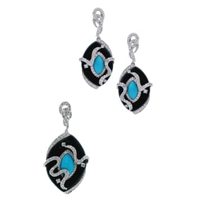 Italian 18kt white Gold Set of Pendant & Earrings with 2.58 Cts in Diamonds, Onyx & Turquoises