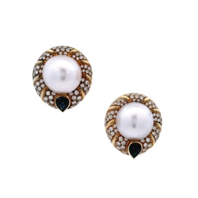 Mid-Century 18kt yellow Gold Earrings with Mabe Pearl, 4.35 Ctw in Diamonds & Sapphires