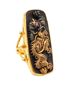 JAPAN Meiji Menuki Ring With Shakudo In 14Kt Yellow Gold 24Kt Gold And Bronze