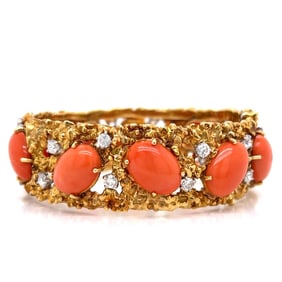 Mid-Century 18K Yellow Gold Coral & Diamond Bangle Bracelet