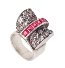 French Art Deco 1930 Cocktail Ring In Sterling Silver With Synthetic Rubies