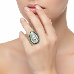 Mid-Century 14K White Gold Diamond & Emerald Ring