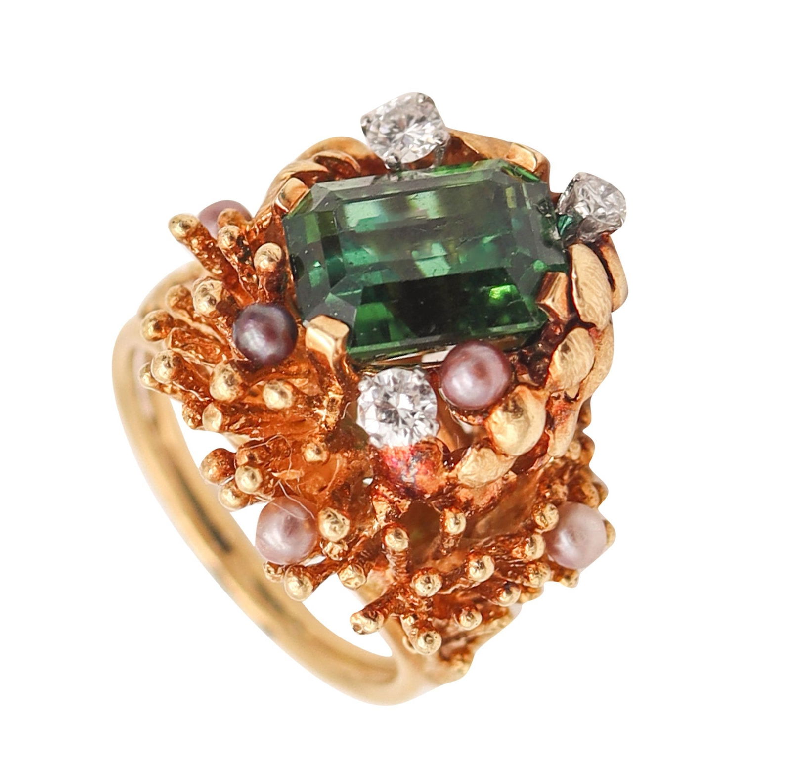 GILBERT ALBERT 1970 Sculptural Organic Ring In 18Kt Gold Diamonds & Tourmaline: Very rare sculptural cocktail ring by Gilbert Albert, Geneva, 1960s, crafted in solid 18K yellow gold with organic textured patterns and polished finish. Centered by a four-prong set vivid green recta
