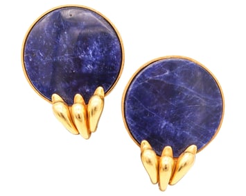 LALAOUNIS 1970 Modernist Clips-On Earrings In 22Kt Yellow Gold With Sodalites