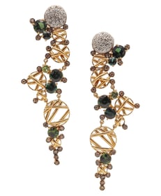 MODERNIST Dangle Drop Earrings 18Kt Gold & 14.24 Ctw Tourmalines & Diamonds