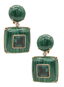 MODERNIST Malachite Dangle Earrings In 18Kt Gold With Diamonds & Quartzes