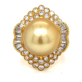 18K Yellow Gold Golden South Sea Pearl & Diamond Ring