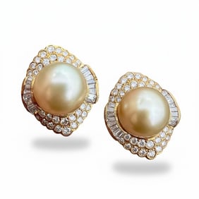 18K Yellow Gold Golden South Sea Pearl & Diamond Earrings